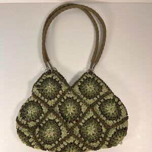 Unbranded Vintage style small Crochet granny squares green lined tote purse